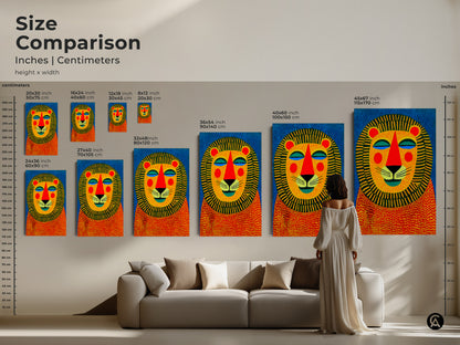 Size comparison of colorful lion art prints in a living room setting. See how different sizes of this geometric animal face artwork fit your space. It is available in various sizes for canvas and poster prints.