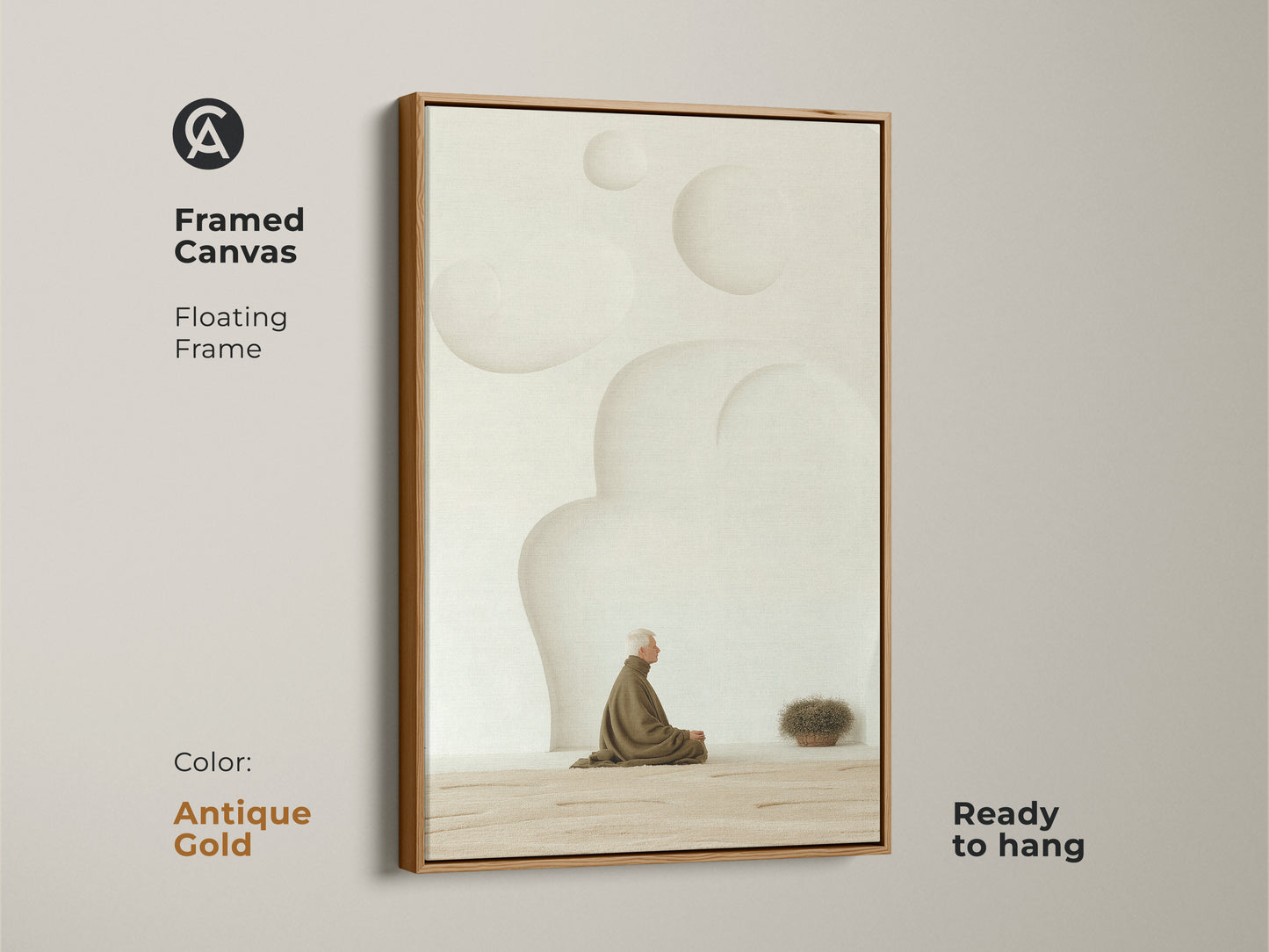 Framed Canvas with an antique gold frame featuring a Zen elderly man in minimalist beige. It makes a beautiful housewarming gift and adds a spiritual touch to any space. Ready to hang this minimalist wall decor is perfect for creating a calm and mindful atmosphere.