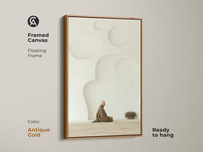 Framed Canvas with an antique gold frame featuring a Zen elderly man in minimalist beige. It makes a beautiful housewarming gift and adds a spiritual touch to any space. Ready to hang this minimalist wall decor is perfect for creating a calm and mindful atmosphere.