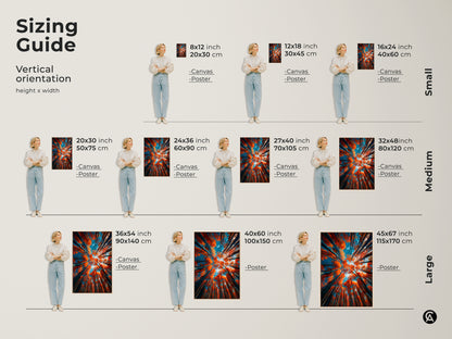 Sizing guide for vertical artwork. See how the tall trees art looks in different sizes. Available as canvas or poster. The orange leaves and blue sky are striking. Find the right size for your wall. Order today