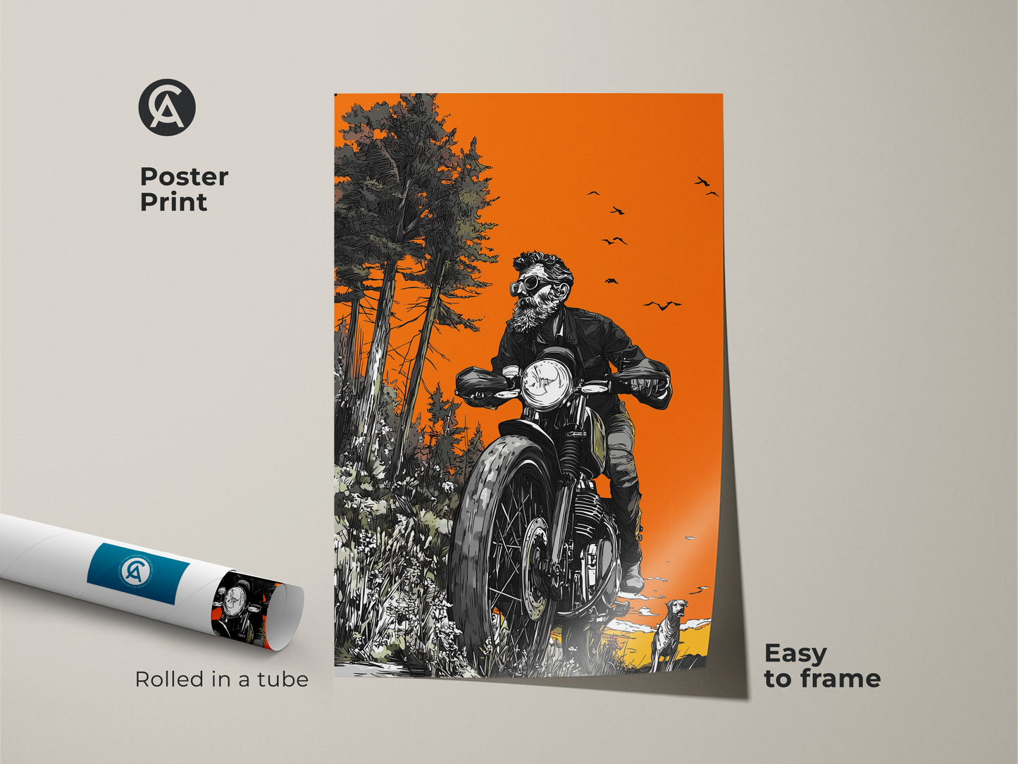 Poster print of a skeleton biker riding a motorcycle in the woods. The print comes rolled in a tube for easy framing. The orange backdrop highlights the detailed black and white art. Perfect for motorcycle art lovers.