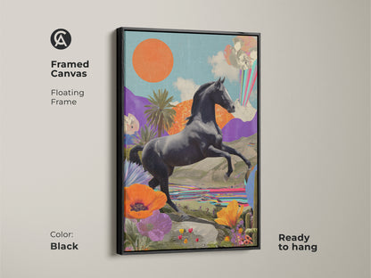 Framed canvas art featuring a surreal horse collage with a floating black frame. The retro futurism artwork has an orange sun and teal purple landscape. It is ready to hang in any living room or office space.