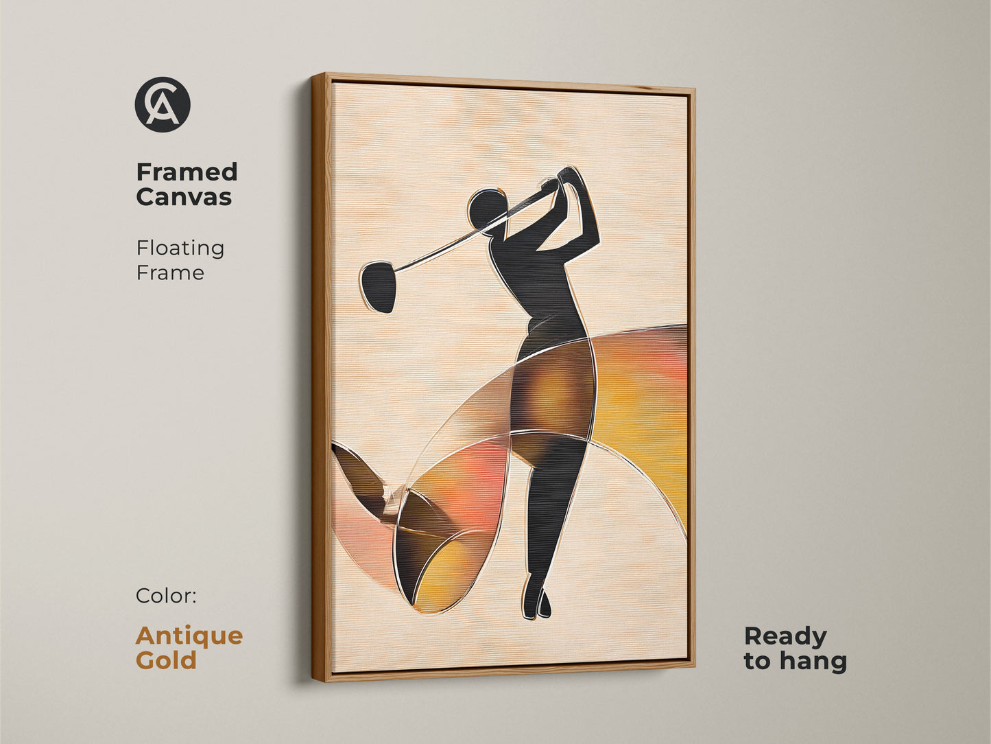 Antique gold frame abstract golfer canvas. Contemporary golfer artwork with a black golfer silhouette and flowing orange accents. Modern sports art for office or home decor.