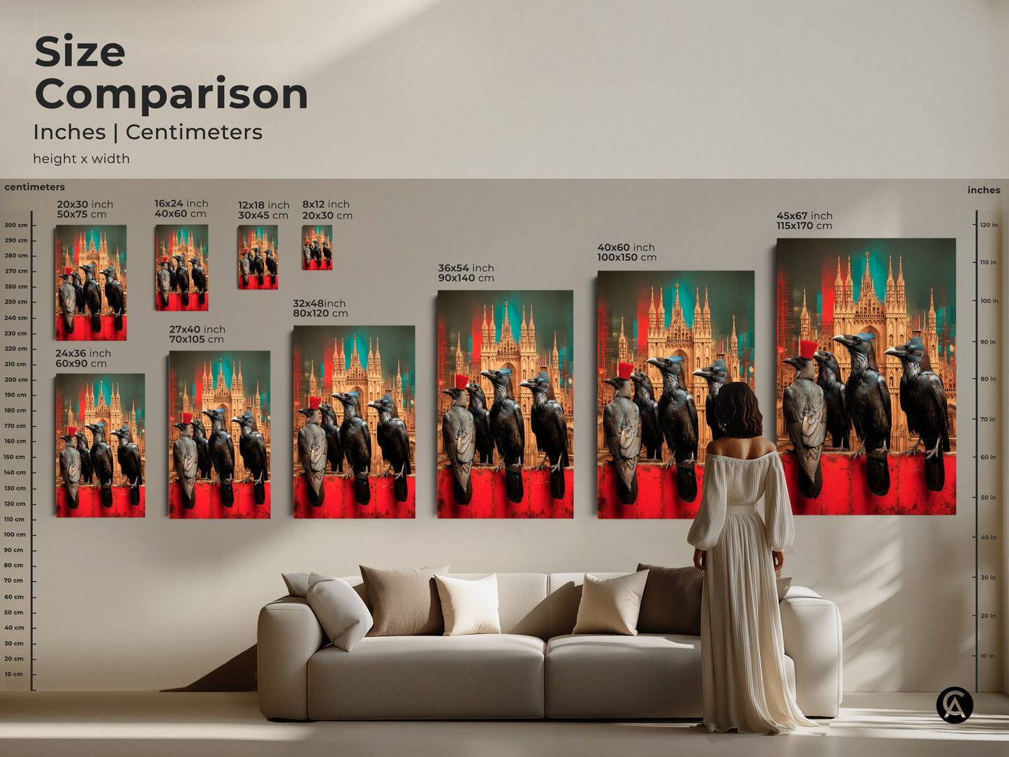 Size comparison showcases the gothic crow artwork in various sizes. The surrealism cityscape art is perfect for adding a dramatic touch to any space. From a small accent piece to a large focal point this eclectic gothic home art suits any room.