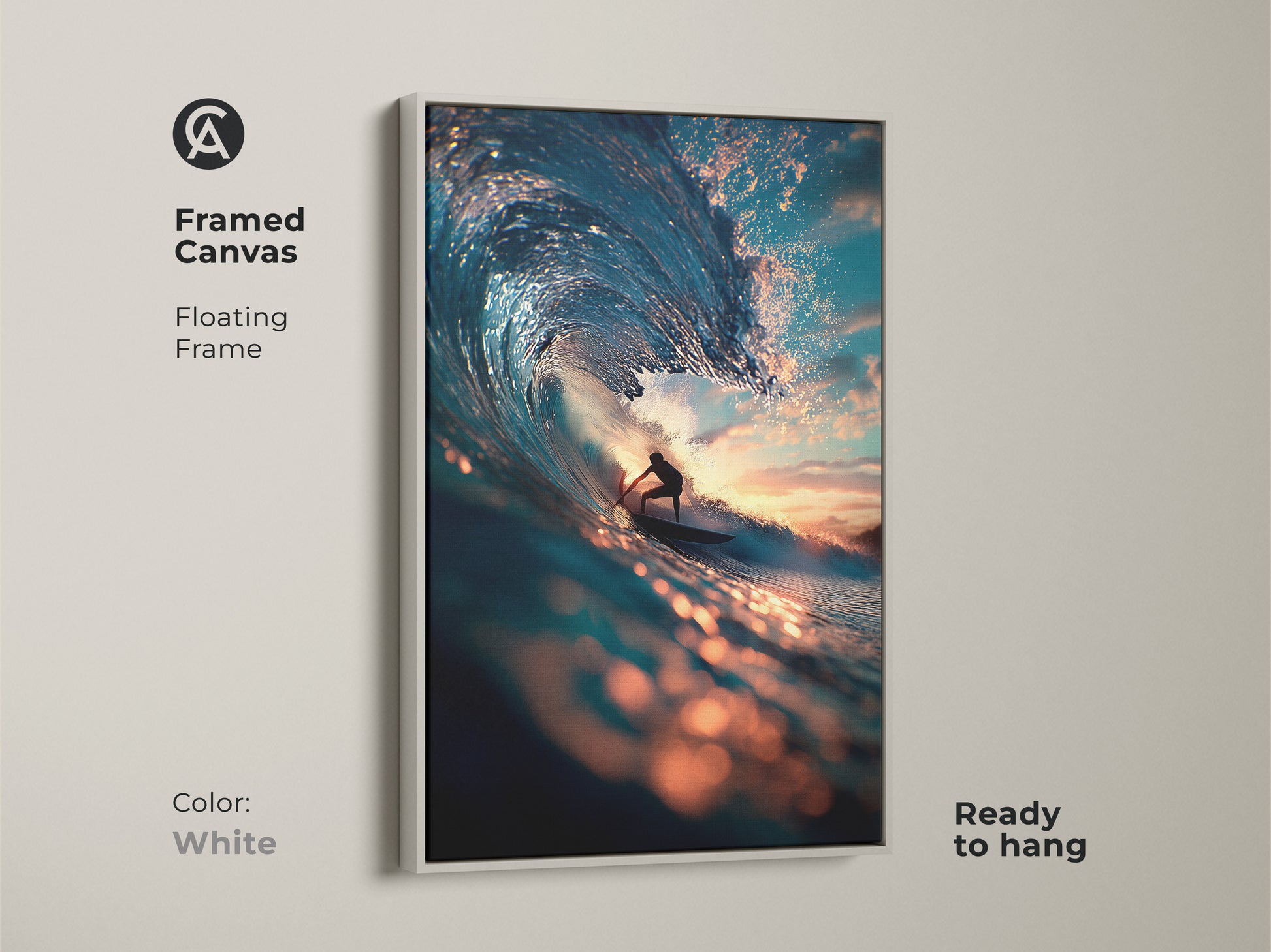 Bring coastal serenity to your home with this framed canvas print. A surfer rides a vibrant blue wave. The clean white frame offers a fresh modern look. Ready to hang this artwork complements any decor. Experience the beauty of the ocean.