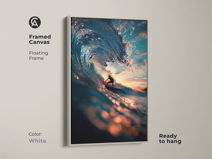 Bring coastal serenity to your home with this framed canvas print. A surfer rides a vibrant blue wave. The clean white frame offers a fresh modern look. Ready to hang this artwork complements any decor. Experience the beauty of the ocean.