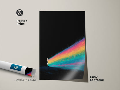 Add a touch of fantasy to your home with this dreamlike poster print. It shows a surreal person walking towards a vibrant rainbow trail. The black teal art print is easy to frame. Rolled in a tube for protection it is great as an inspirational gift for stargazers.