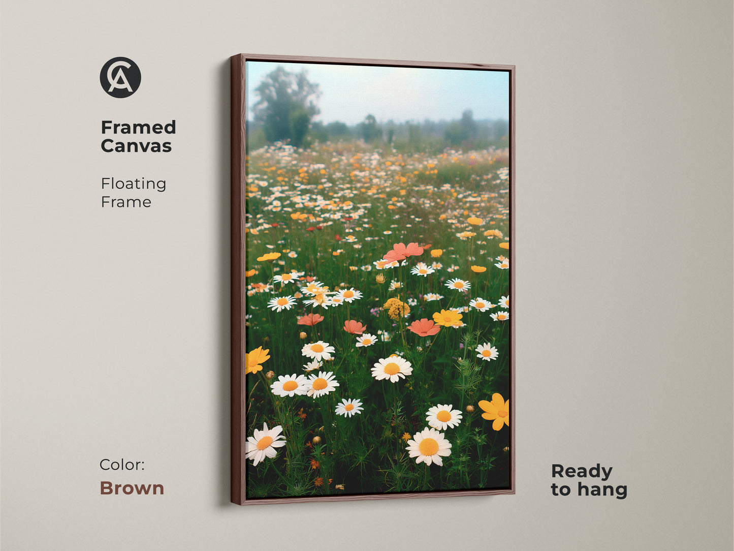 Brown framed canvas print featuring a lush wildflower landscape. This botanical floral artwork adds warmth to any room. The art is ready to hang. It's ideal for farmhouse floral wall decor.