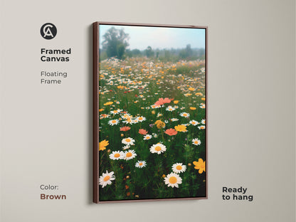 Brown framed canvas print featuring a lush wildflower landscape. This botanical floral artwork adds warmth to any room. The art is ready to hang. It's ideal for farmhouse floral wall decor.