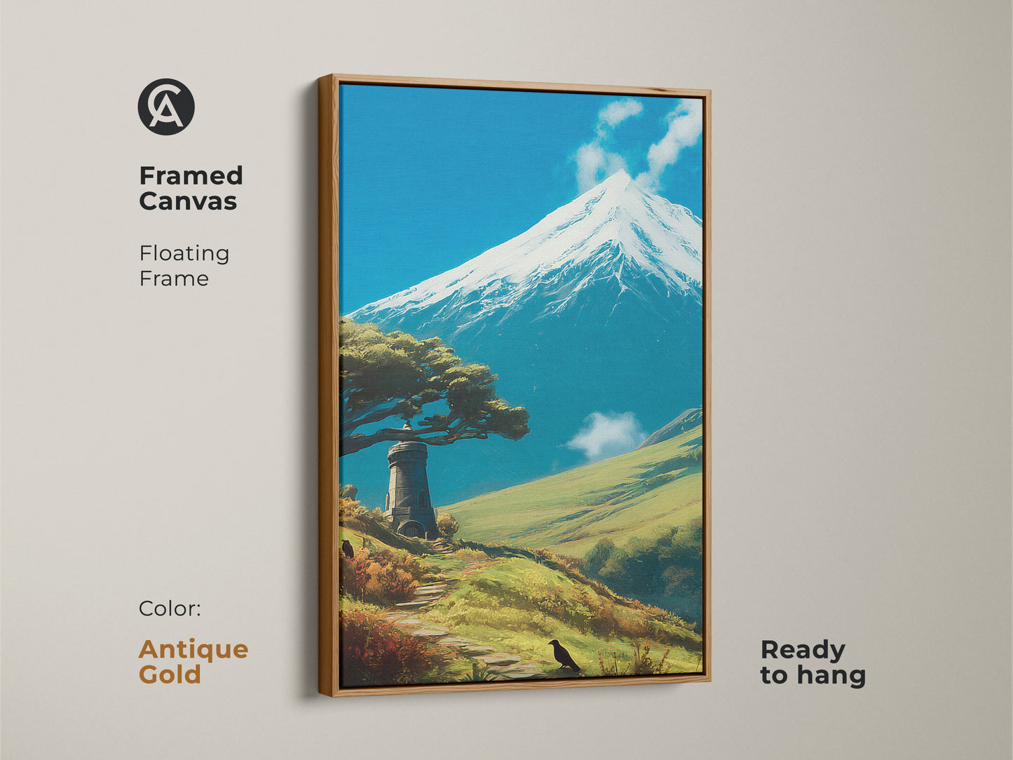 Antique gold framed canvas art of a mountain and lighthouse. This scenic nature landscape adds artistic charm. The blue and green artwork enhances home decor. A unique travel gift that brings the outdoors in. Perfect for a serene space.