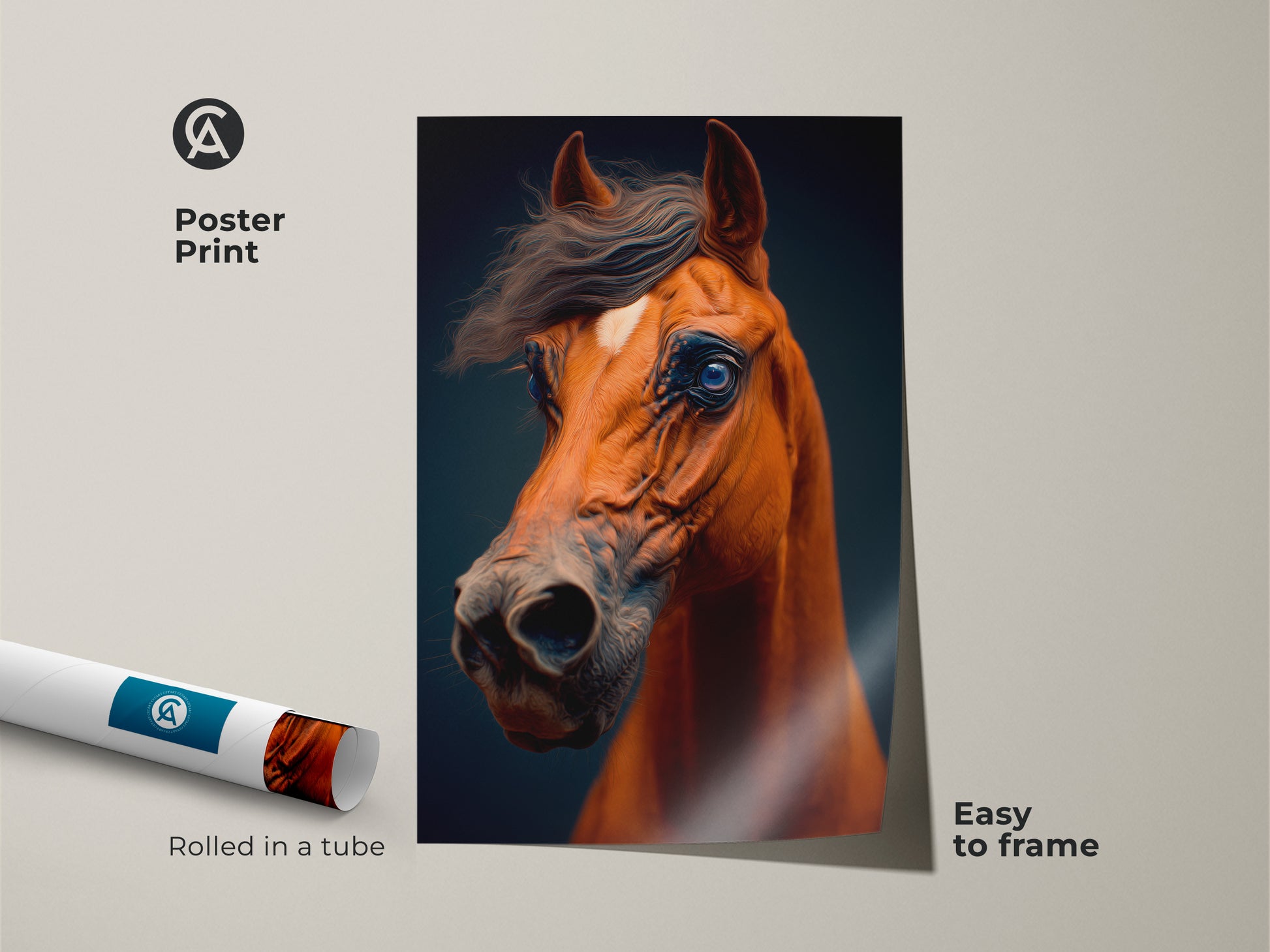 This poster print displays a realistic brown horse. Rolled in a tube it is easy to frame. This equine portrait art makes a thoughtful gift. The wildlife animal print will enhance any equestrian home decor. It captures a horse face close up.