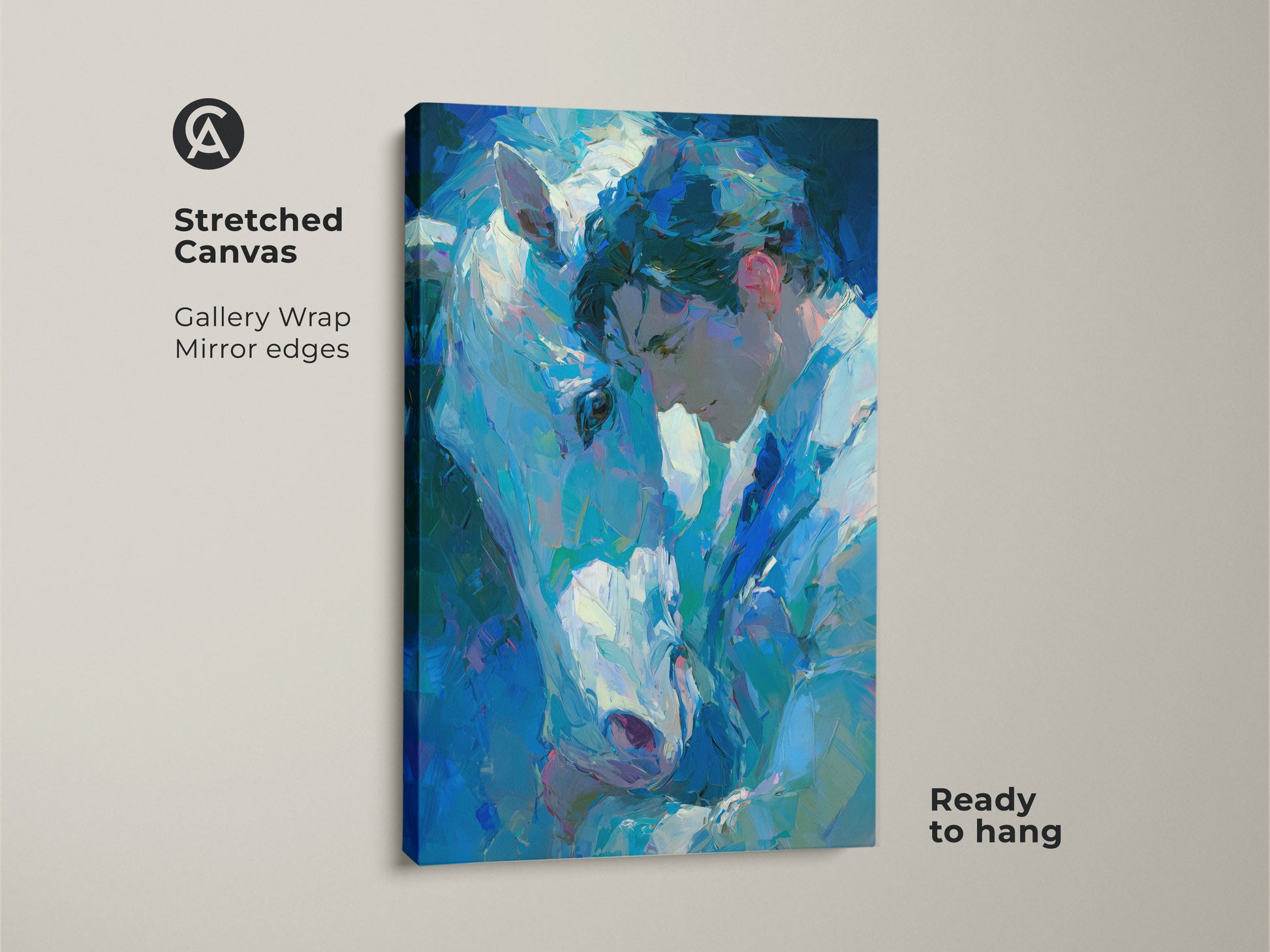 Stretched canvas print of a man embracing a white horse. The artwork is ready to hang with gallery wrapped edges. This emotional art piece brings a sense of peace. Ideal for adding a personal touch to any room. Get your ready to hang canvas today.