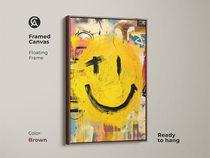 Enhance your home decor with this framed canvas art featuring a vibrant smiley face. The brown floating frame complements the artwork. This ready-to-hang piece adds a modern touch to any space. The bright yellow smiley face brings a cheerful and inviting vibe. Shop now and elevate your walls