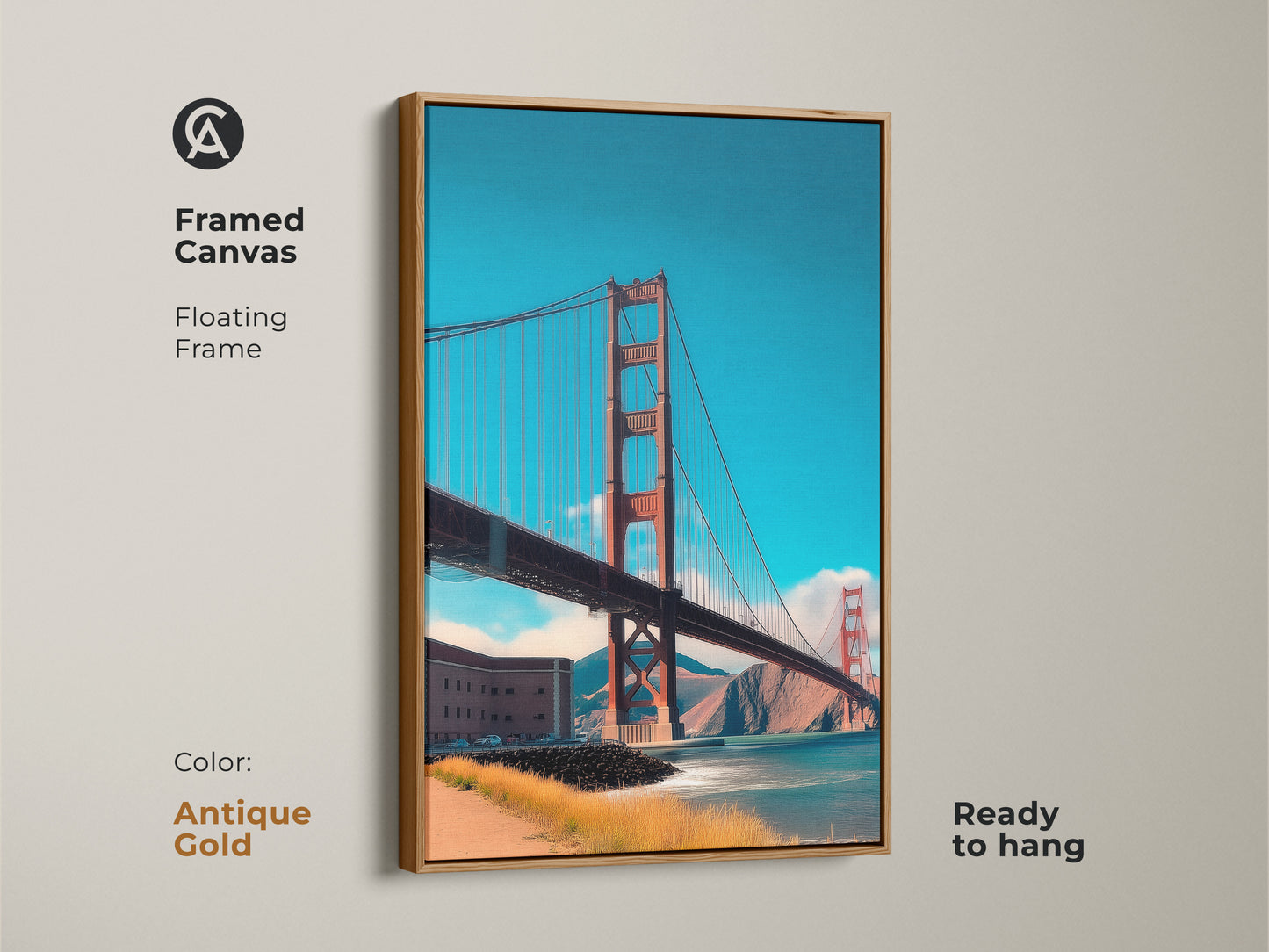 Antique gold framed canvas art of the Golden Gate Bridge. The floating frame highlights the red orange blue teal artwork. Perfect for city dwellers this piece is ready to hang.