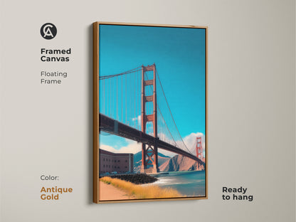 Antique gold framed canvas art of the Golden Gate Bridge. The floating frame highlights the red orange blue teal artwork. Perfect for city dwellers this piece is ready to hang.
