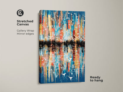 Stretched canvas showcasing abstract wall art. Teal yellow and orange hues blend in a modern geometric style. This bird cityscape reflection art is ready to hang offering gallery-wrapped mirror edges. Elevate your decor with this unique piece.