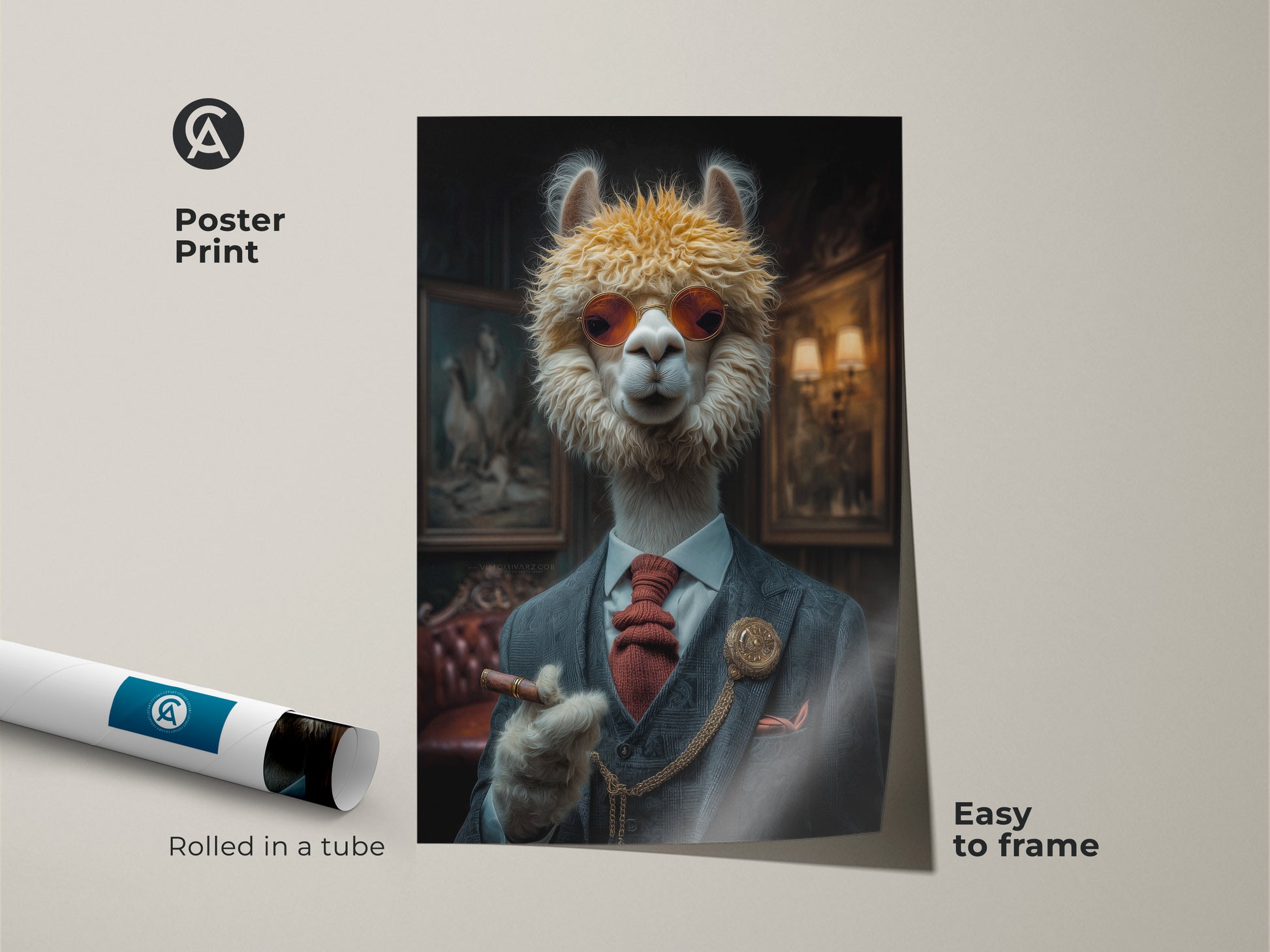 Poster art print of a dapper alpaca. This Gentleman smoking a cigar adds charm to your walls. Easy to frame for a business office or home study. Rolled in a protective tube.