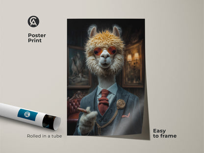 Poster art print of a dapper alpaca. This Gentleman smoking a cigar adds charm to your walls. Easy to frame for a business office or home study. Rolled in a protective tube.
