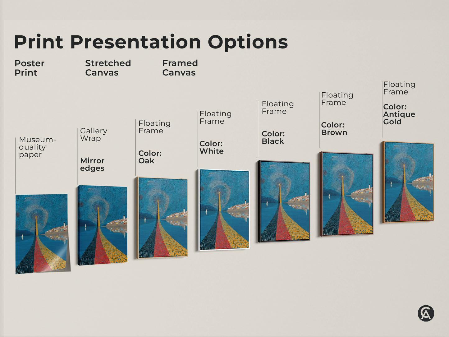 Print presentation options showcasing the coastal lighthouse art. Pointillism canvas art is available as a poster print. Stretched canvas and framed canvas options are available. Blue yellow red artwork provides eclectic wall decor for all styles.