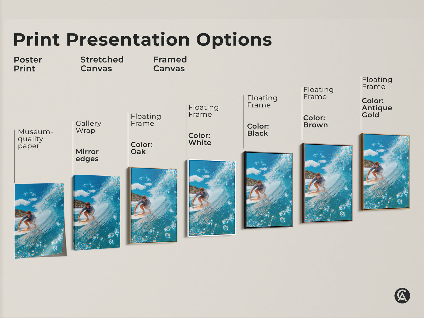 Print presentation options for surfing artwork. Choose from poster prints or stretched canvas. Framed canvas options are also available. Select a white black brown or antique gold floating frame. Find the perfect surf art for your home