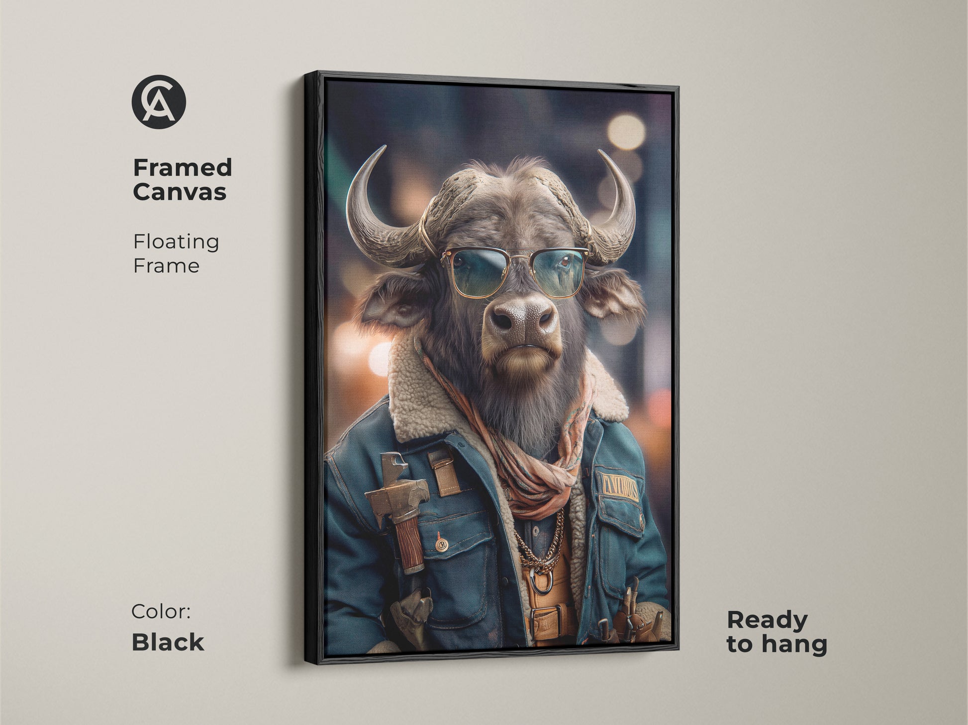 The Buffalo in Sunglasses Framed Canvas Art Print is perfect for creative wall decor. This Animal Lover Gift Idea is an Eclectic animal portrait. This brown gray animal wall art is ready to hang. The Character Art adds style to any office. Enjoy this unique home decor print.