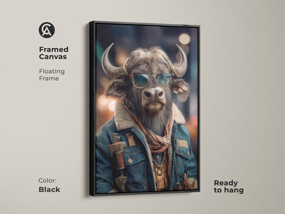 The Buffalo in Sunglasses Framed Canvas Art Print is perfect for creative wall decor. This Animal Lover Gift Idea is an Eclectic animal portrait. This brown gray animal wall art is ready to hang. The Character Art adds style to any office. Enjoy this unique home decor print.
