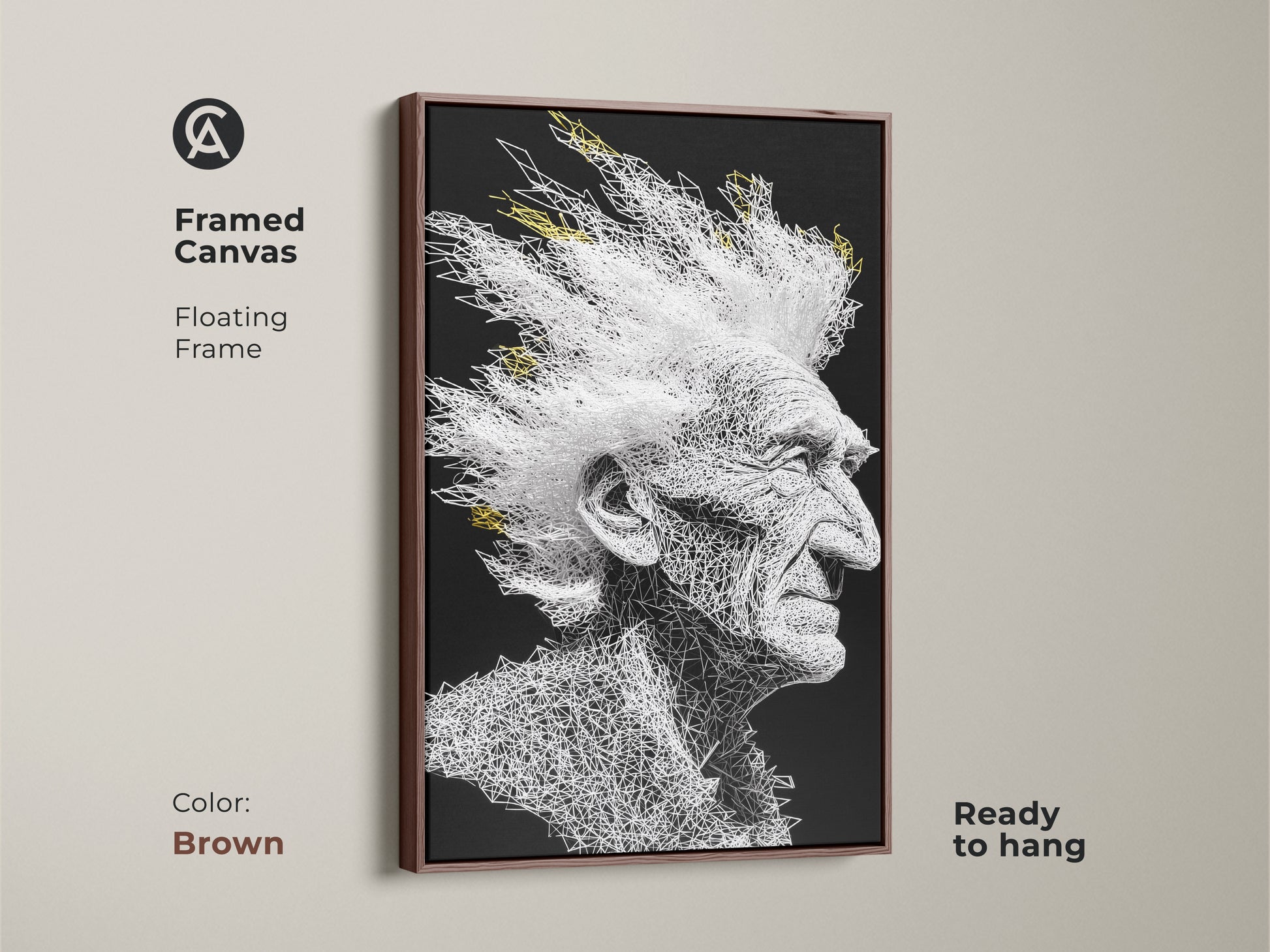 Framed canvas art featuring a portrait of an old man with white mohawk hair. The art is created using white lines on a black background. The frame is brown and floating. Ready to hang. A unique and modern piece.
