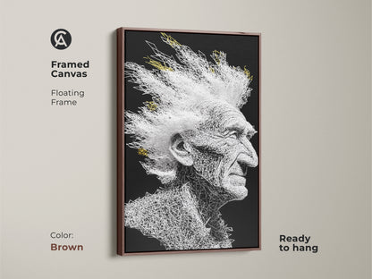 Framed canvas art featuring a portrait of an old man with white mohawk hair. The art is created using white lines on a black background. The frame is brown and floating. Ready to hang. A unique and modern piece.