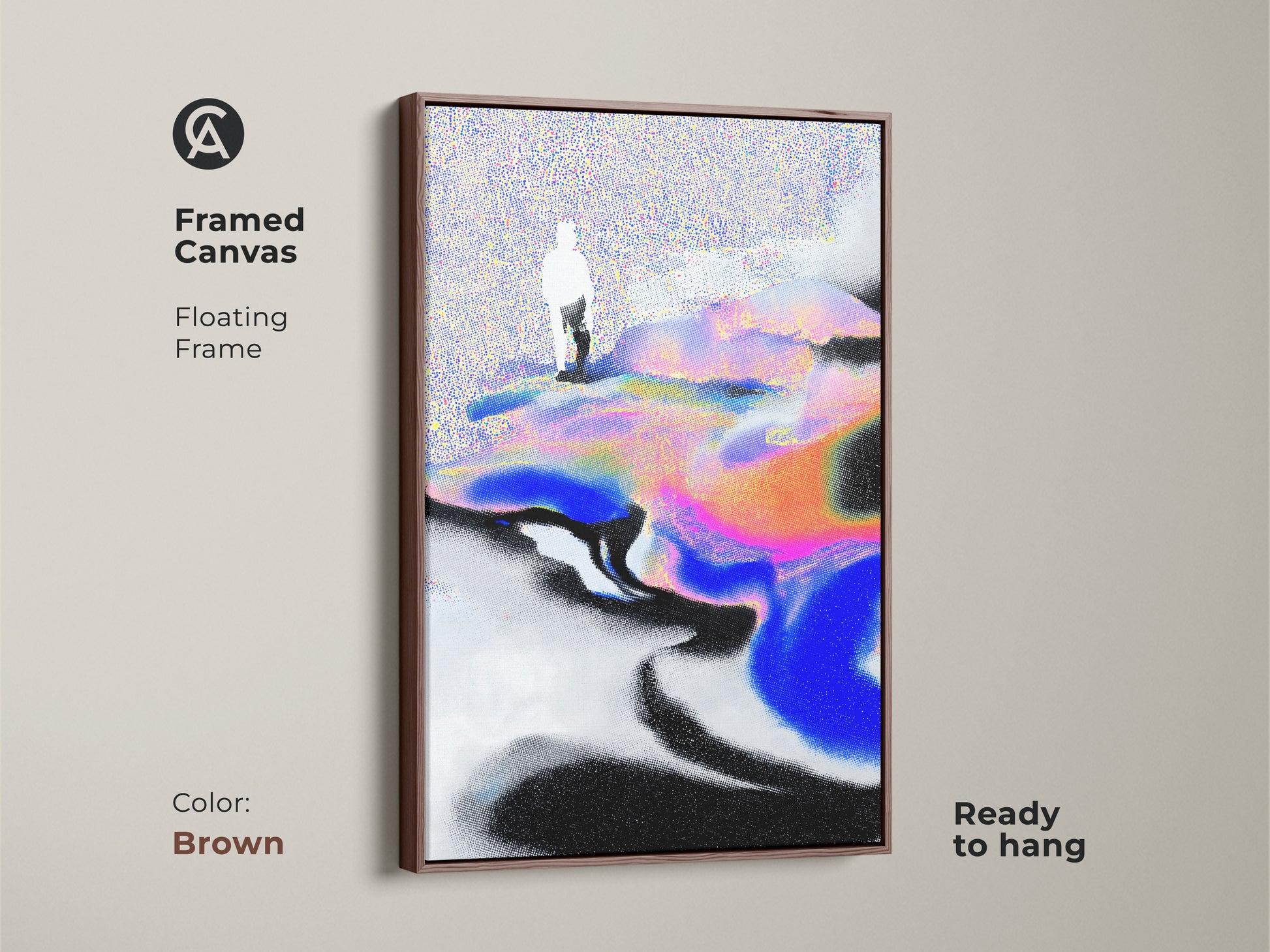 Framed canvas showcasing a glitch effect figure landscape. The floating frame is brown. This abstract portrait wall art is ready to hang. It's a unique abstract canvas for boho abstract wall art lovers.