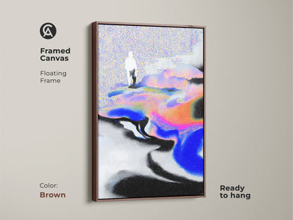 Framed canvas showcasing a glitch effect figure landscape. The floating frame is brown. This abstract portrait wall art is ready to hang. It's a unique abstract canvas for boho abstract wall art lovers.