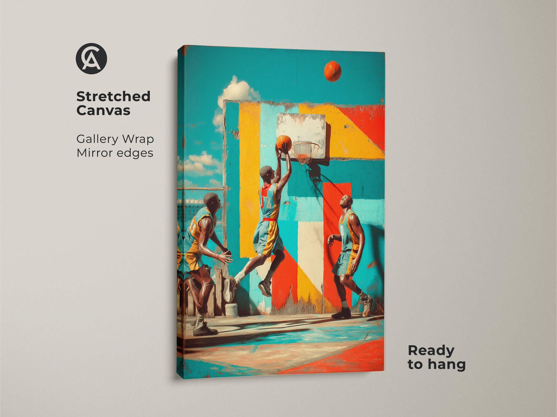 This gallery-wrapped canvas showcases vibrant graffiti basketball art. The striking teal yellow and red colors enhance its urban appeal. Ideal for a man cave. It is ready to hang and adds a contemporary street art style to any room.