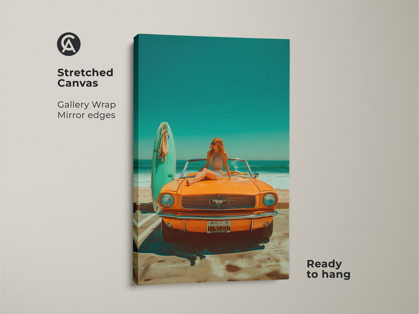 Stretched canvas art showcasing a classic Mustang at the beach. The gallery wrap with mirror edges offers a modern look. Ready to hang and enjoy this vibrant summer scene. Ideal for adding a pop of color and a touch of vintage charm to your living space. A perfect piece for car and surf culture enthusiasts.