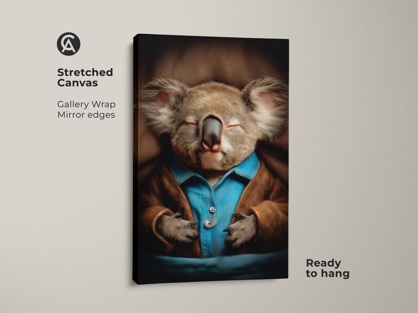 Stretched Canvas sleeping koala artwork. This gallery-wrapped canvas shows a realistic animal print. It features a cute baby koala in cozy pajamas. Blue and brown create a calming aesthetic for nursery wall decor. A unique and heartwarming gift for new parents add charm to your walls with this adorable animal art.