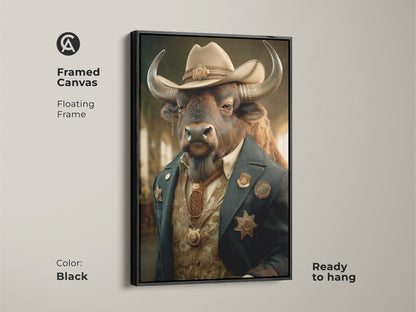 Framed canvas of a buffalo sheriff art. This black floating frame enhances the surreal western cowboy animal portrait. It is a ready to hang piece of dark academia wall art. The tan blue and brown tones add eclectic charm. Ideal as man cave decor and a unique housewarming gift.
