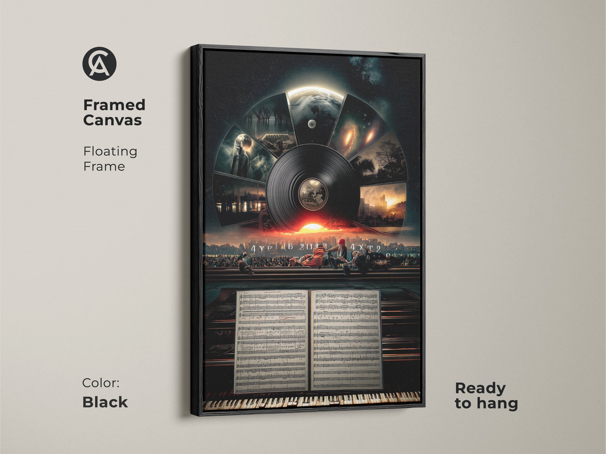 Framed canvas features floating frame a black color of a surreal music cityscape. Ready to hang this conceptual space artwork brings dark teal and sunset orange hues to life with sheet music.