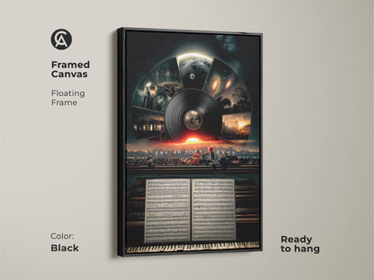 Framed canvas features floating frame a black color of a surreal music cityscape. Ready to hang this conceptual space artwork brings dark teal and sunset orange hues to life with sheet music.