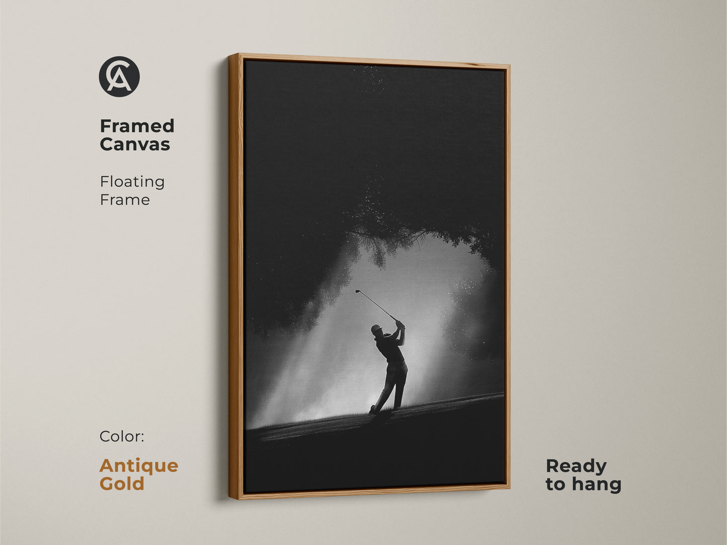 Add a touch of luxury with this framed canvas. The antique gold floating frame complements the golf artwork. The golfer's silhouette creates a stunning visual impact. Ready to hang for easy display.