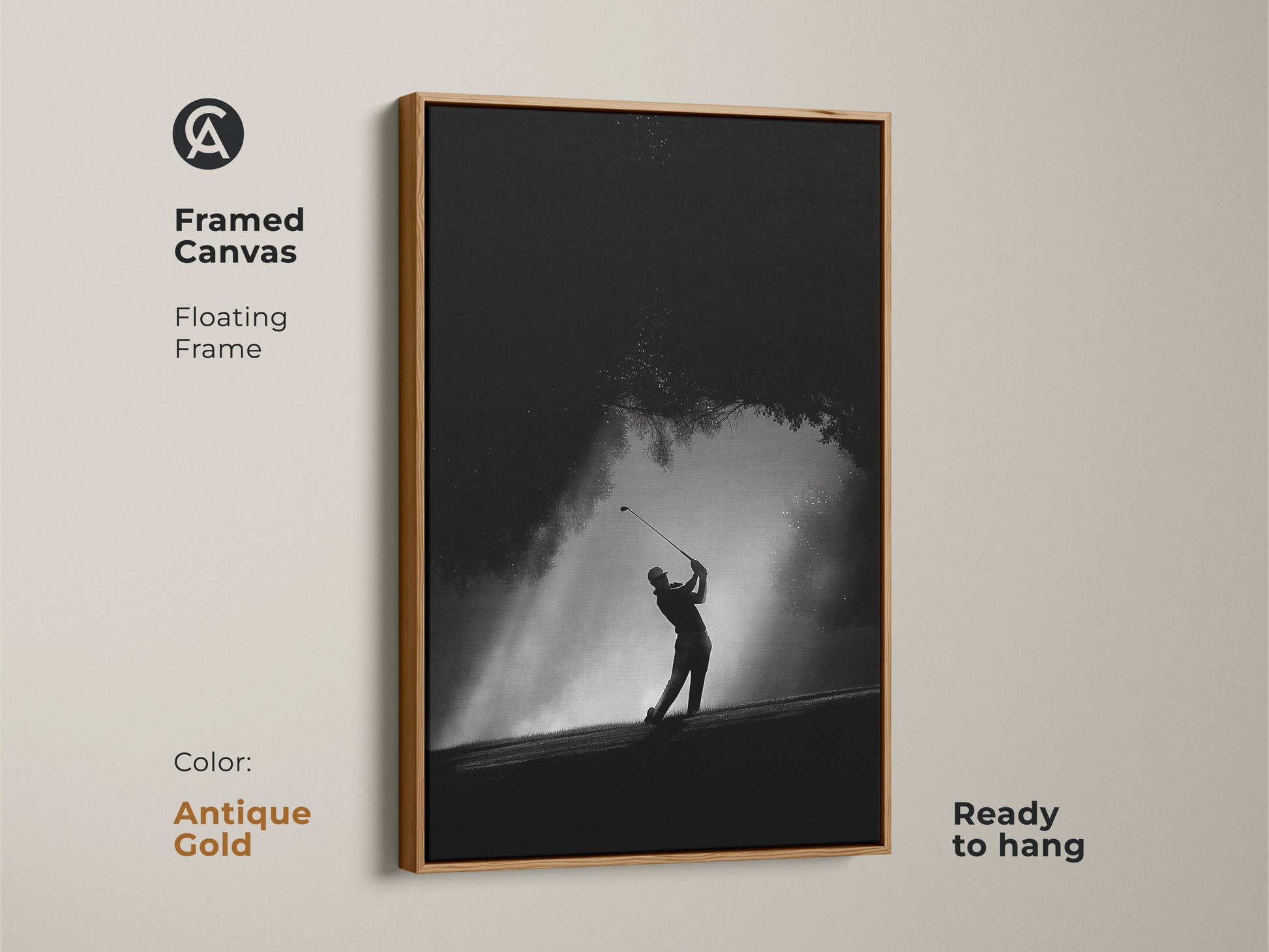 Add a touch of luxury with this framed canvas. The antique gold floating frame complements the golf artwork. The golfer's silhouette creates a stunning visual impact. Ready to hang for easy display.