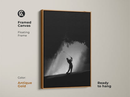 Add a touch of luxury with this framed canvas. The antique gold floating frame complements the golf artwork. The golfer's silhouette creates a stunning visual impact. Ready to hang for easy display.