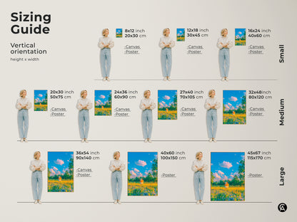 Sizing guide for vertical orientation artwork. This includes canvas and poster prints. Each shows a Longhorn cow in a vibrant meadow. Find the perfect size for your space. Shop now and elevate your home decor.