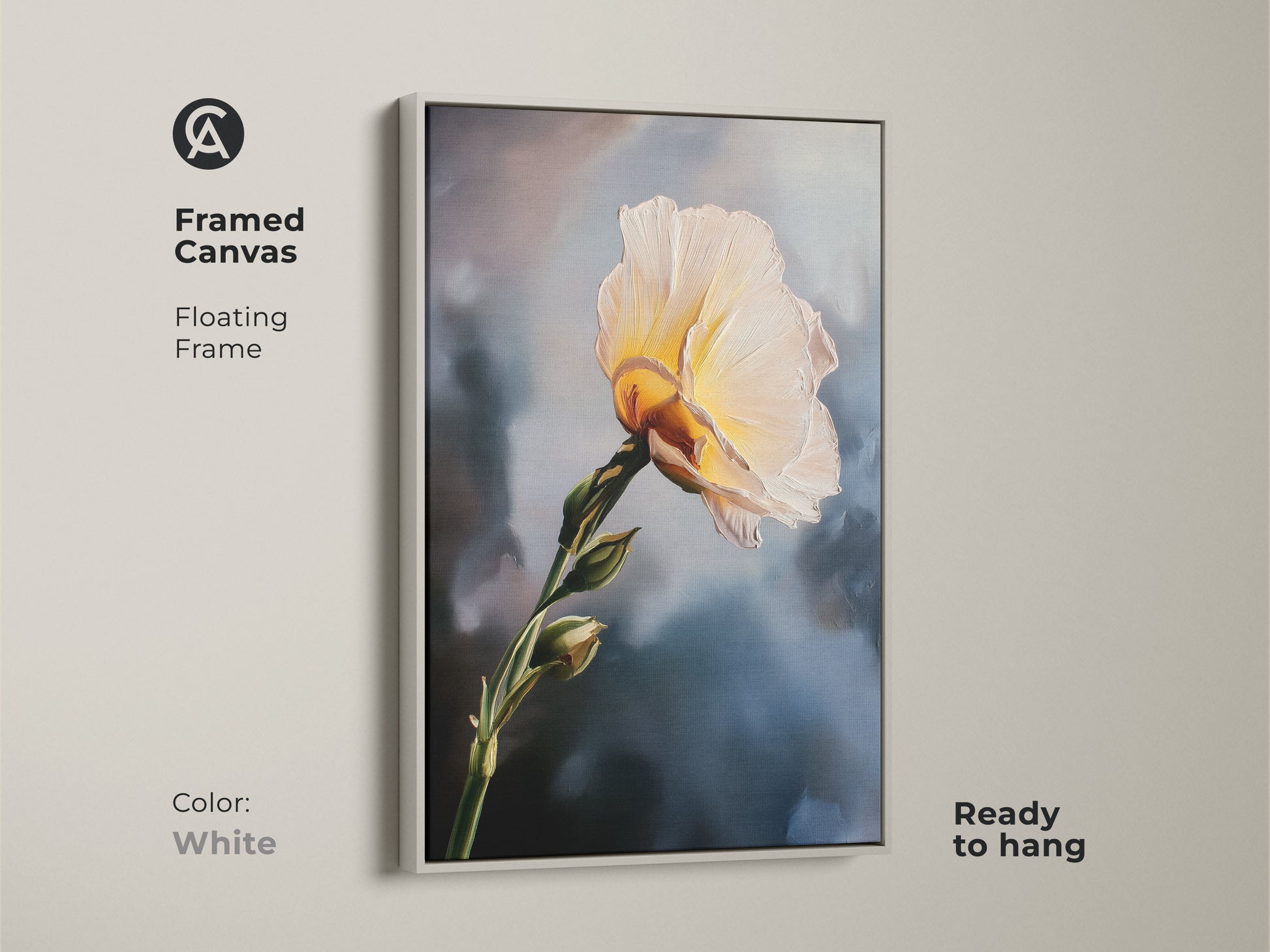 Framed canvas featuring a cream and yellow botanical flower. The white frame offers a clean modern look. This contemporary artwork is ready to hang. It adds a touch of nature inspired art to any room. This is perfect for plant enthusiasts.