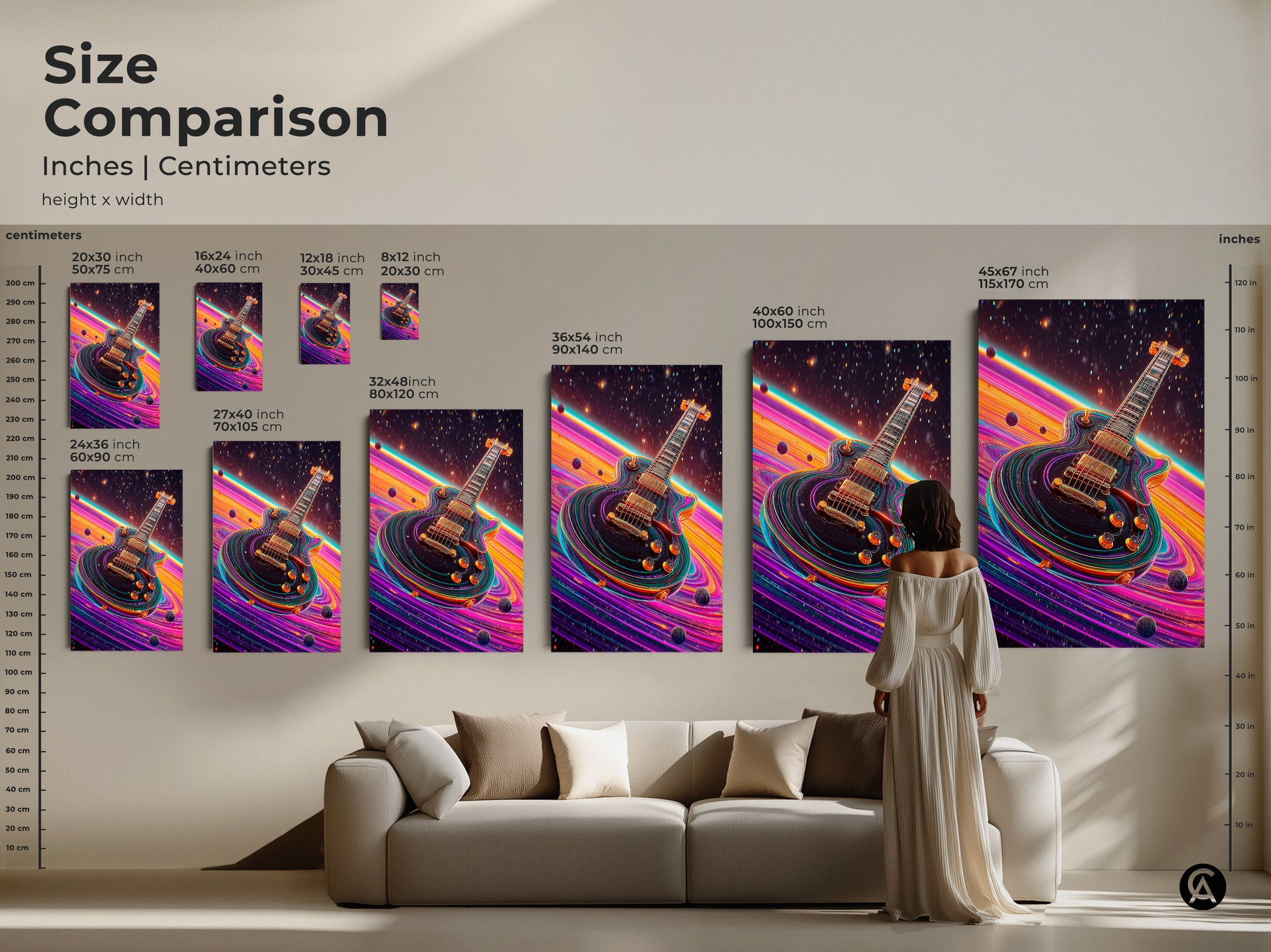 Size comparison of abstract electric guitar art. Different sizes of the space theme canvas print are displayed above a sofa. This is a unique gift for musicians. The pink orange purple colors add vibrancy to any space.