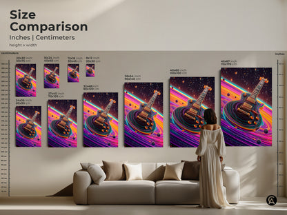 Size comparison of abstract electric guitar art. Different sizes of the space theme canvas print are displayed above a sofa. This is a unique gift for musicians. The pink orange purple colors add vibrancy to any space.