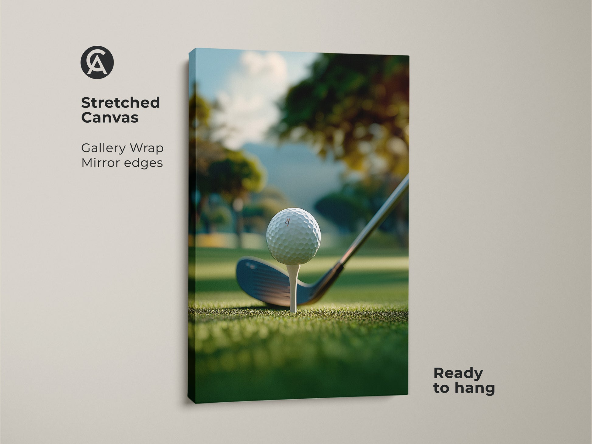 A stretched canvas golf art print ready to hang. The artwork shows a golf ball on a tee ready to be hit. The background is a green golf course with trees and a hill. This stretched canvas golf art print is perfect for your home or office.