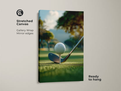 A stretched canvas golf art print ready to hang. The artwork shows a golf ball on a tee ready to be hit. The background is a green golf course with trees and a hill. This stretched canvas golf art print is perfect for your home or office.