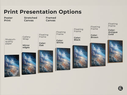 Explore print presentation options for stunning space art. Choose from poster prints stretched canvases and framed canvases. Each option beautifully displays artwork featuring clouds and a radiant sun. Enhance your decor with space-themed art.