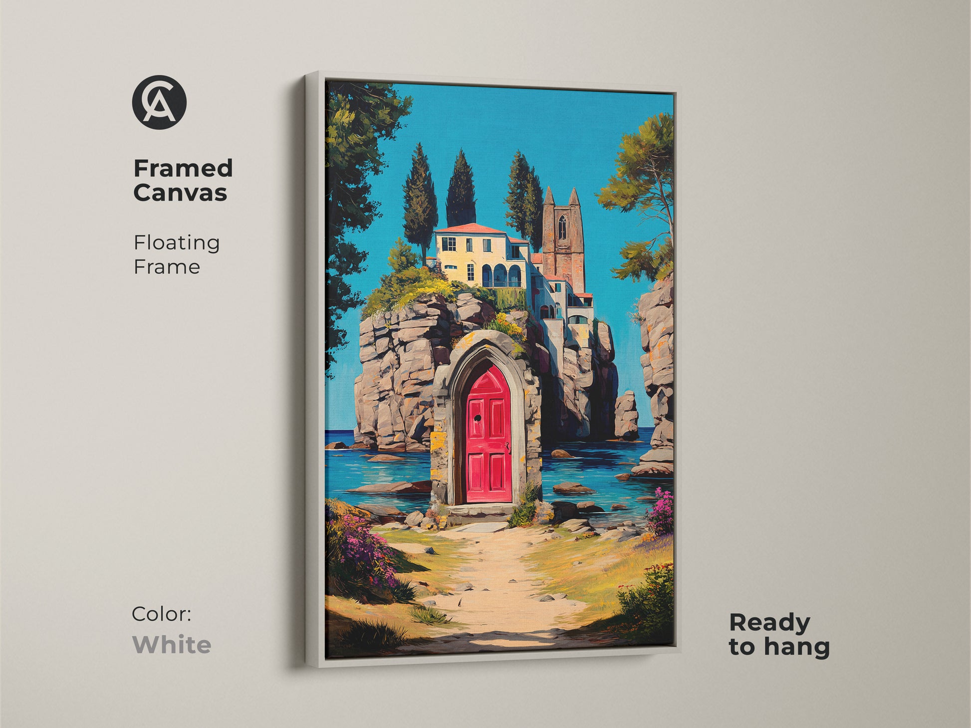 Framed canvas art print shows a Mediterranean villa with a red door. A white floating frame complements the teal blue ocean and coastal landscape wall decor. Ready to hang this impressionistic artwork brings European charm. An ideal travel lover's housewarming gift.