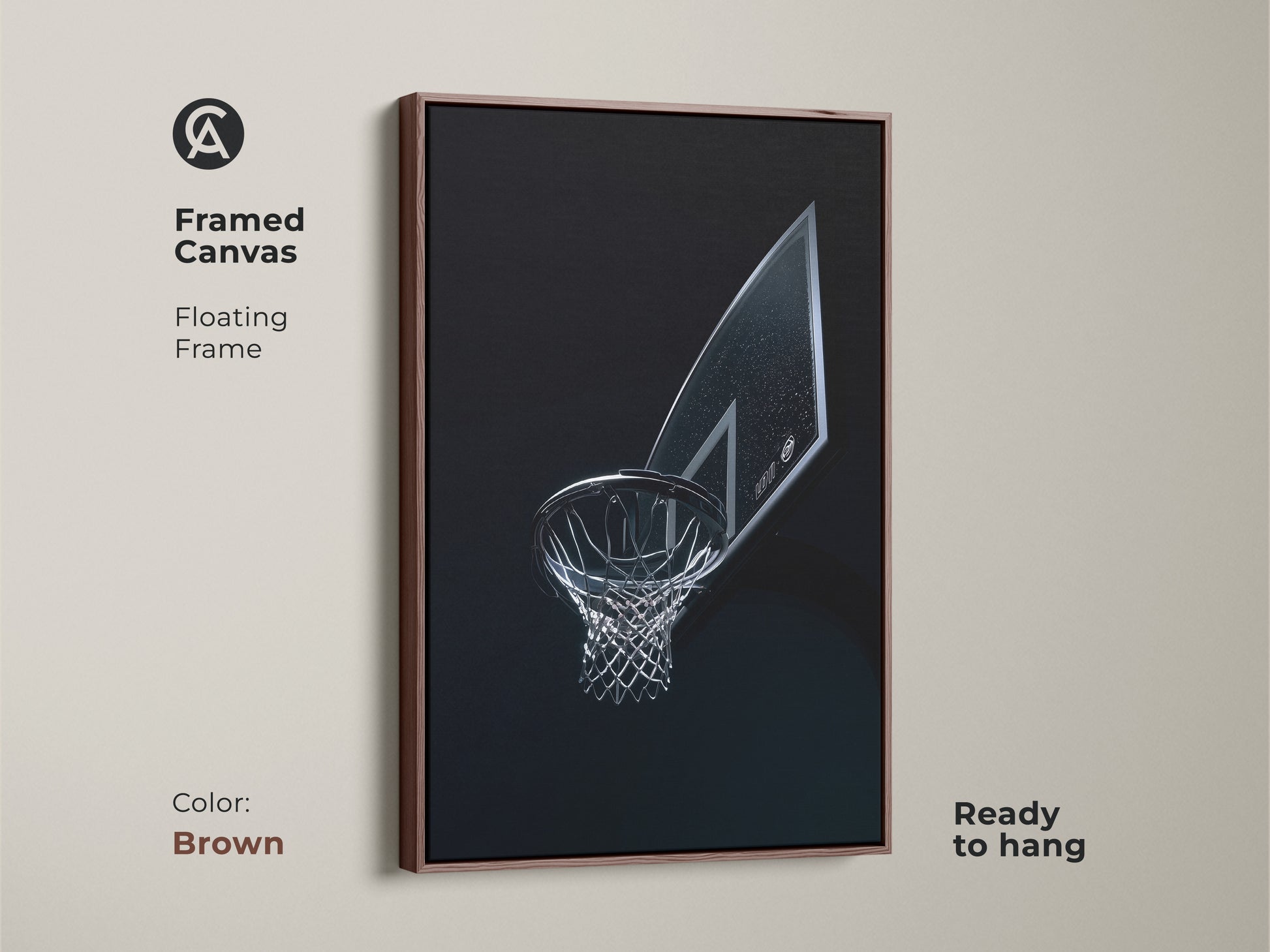 Framed canvas art featuring a basketball hoop with a brown floating frame. Ideal sports photography print for a man cave. This sleek modern art piece enhances athletic room decor.