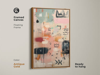 Framed canvas print with an antique gold floating frame. The abstract painting features pastel colors and unique line art. This ready-to-hang artwork adds a touch of elegance to any room. Explore framed art.