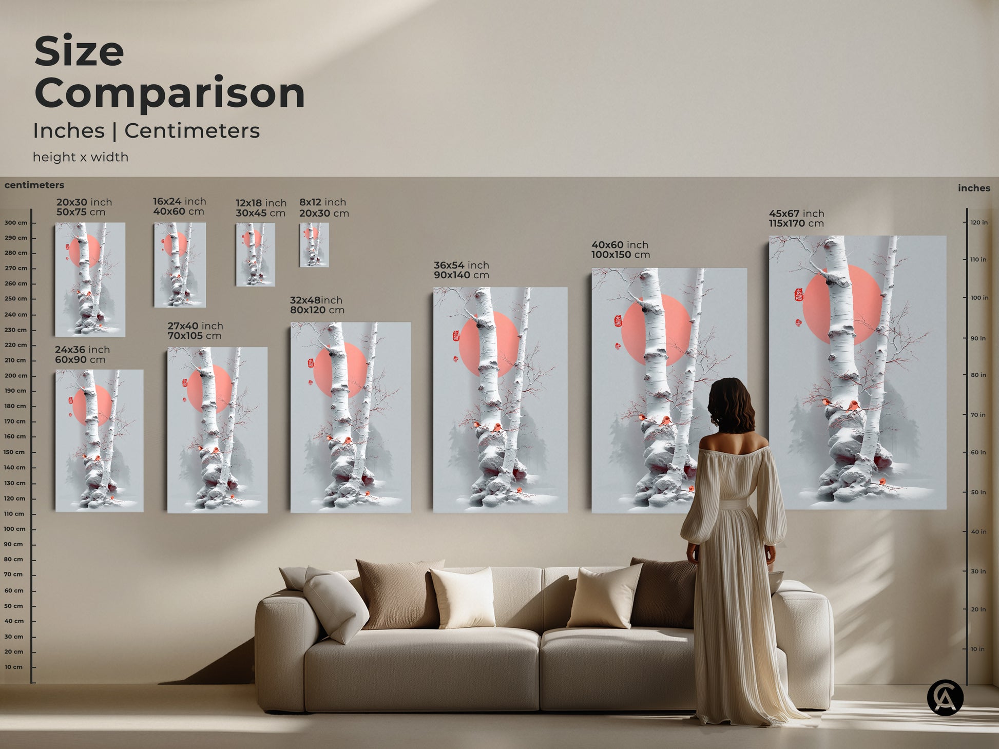 Size comparison of birch tree artwork in inches and centimeters. Visualize how different sizes of this minimalist art fit in your space. See small to extra-large prints with a coral sun. Choose the perfect artwork for your home.